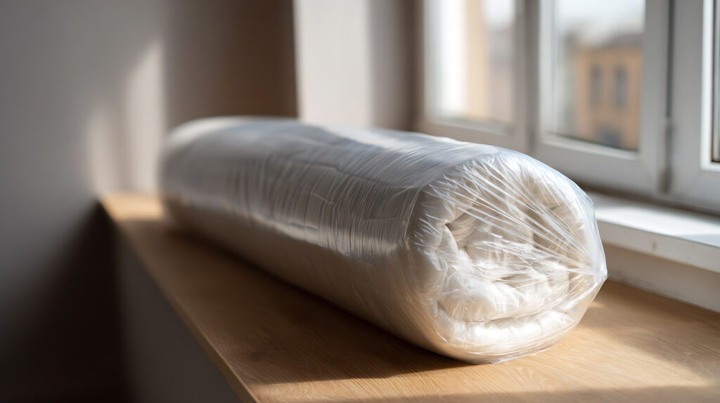 rolled mattress or textile product, neatly wrapped in protective plastic, resting on a wooden sill beside a sunlit window indoors