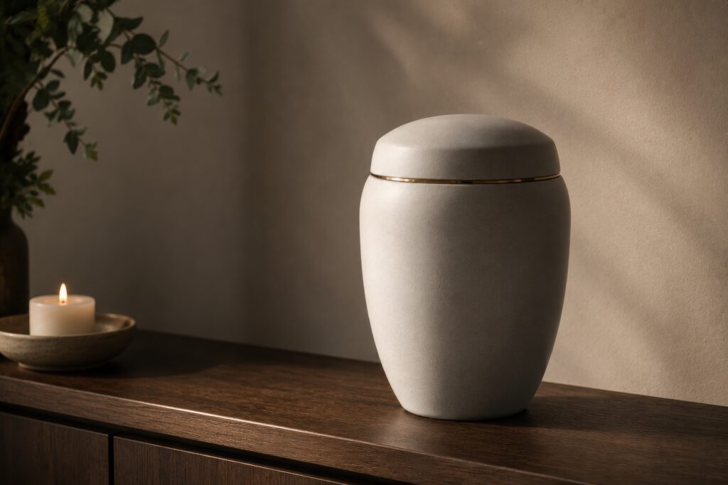 cremation urn with candle on wooden shelf after funeral service